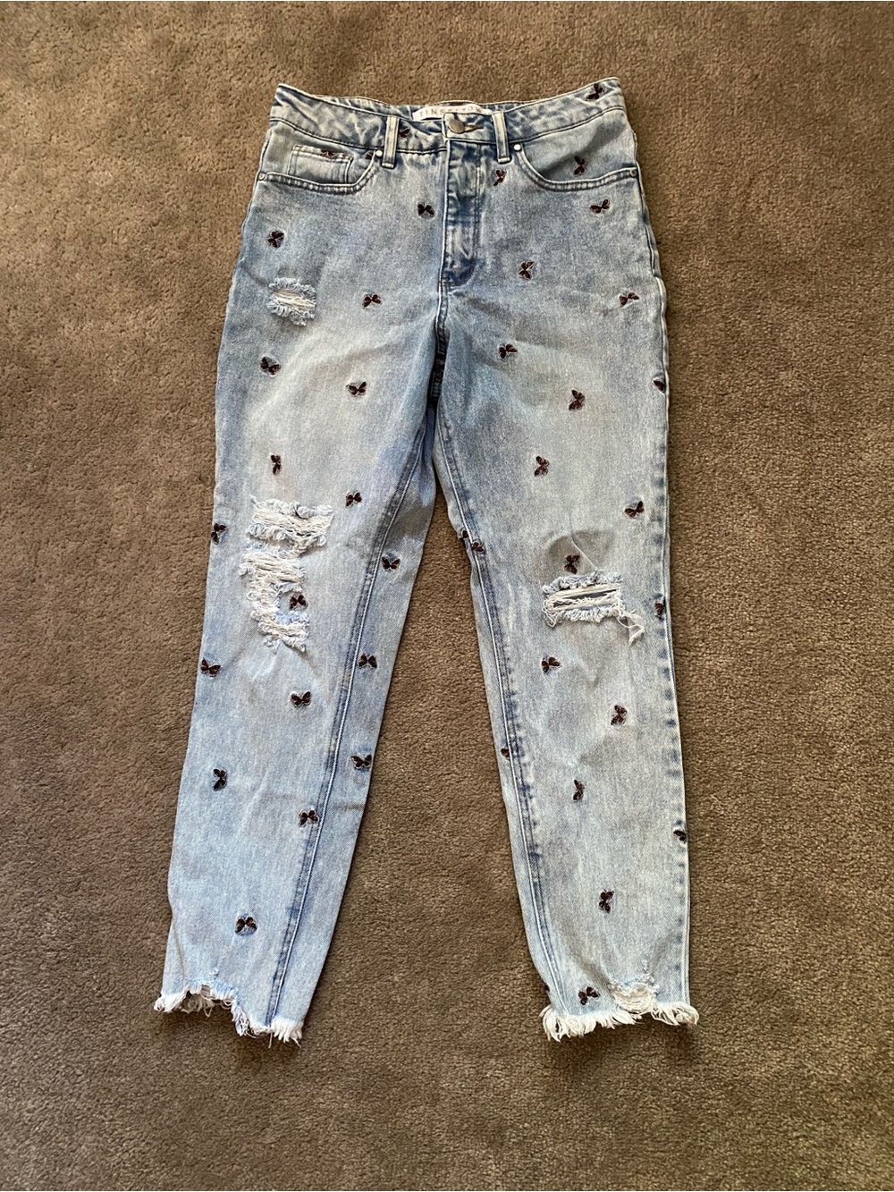 Tinseltown Light Blue Boyfriend Jeans with embroidered butterflies